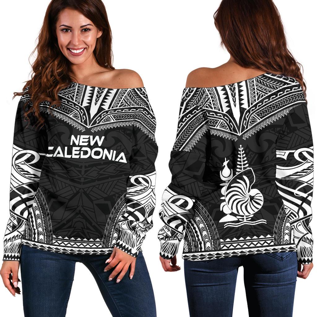 New Caledonia Polynesian Chief Women's Off Shoulder Sweater - Black Version Black - Polynesian Pride