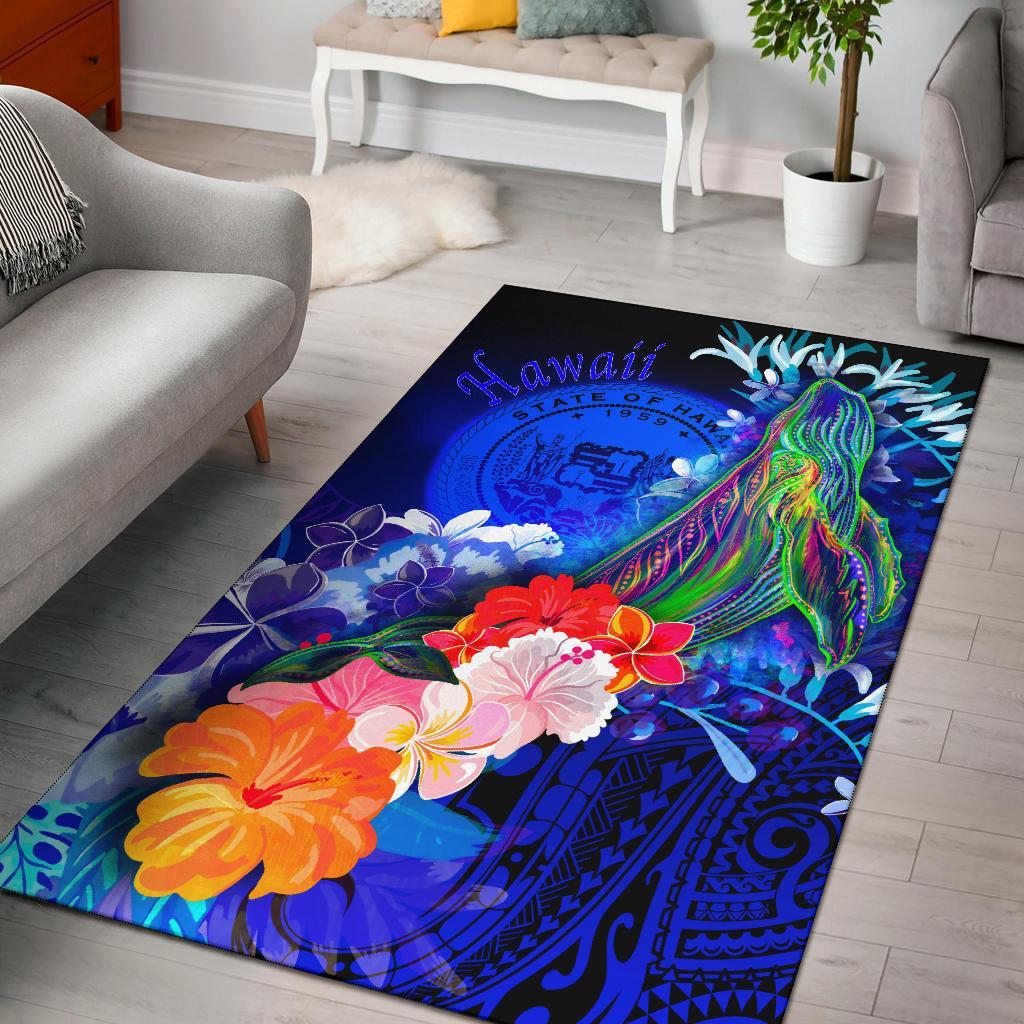 Polynesian Hawaii Area Rug - Humpback Whale with Tropical Flowers (Blue) Blue - Polynesian Pride