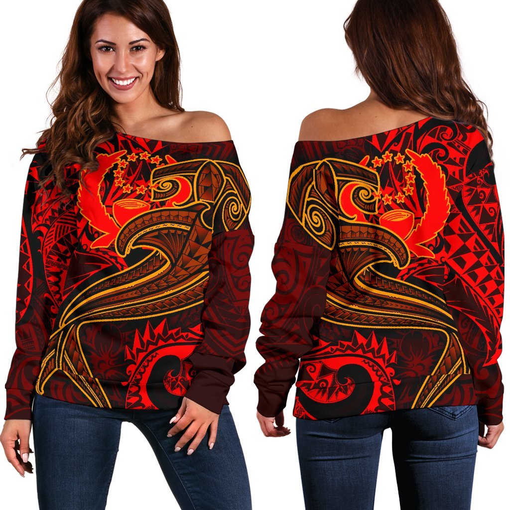 Pohnpei Women's Off Shoulder Sweater - Red Shark Polynesian Tattoo Red - Polynesian Pride