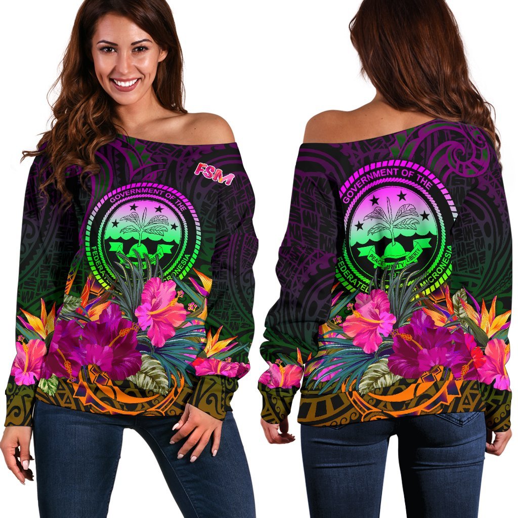 Federated States of Micronesia Women's Off Shoulder Sweater - Summer Hibiscus Art - Polynesian Pride