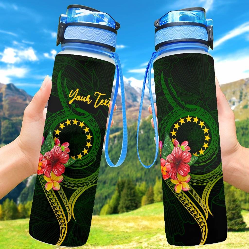 Cook Islands Polynesian Custom Personalised Hydro Tracking Bottle - Floral With Seal Flag Color One Style 32oz Large Green - Polynesian Pride