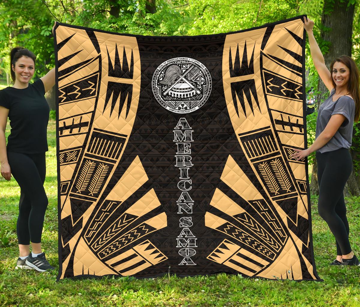 American Samoa Premium Quilt - American Samoa Seal Polynesian Gold Tattoo Gold - Polynesian Pride