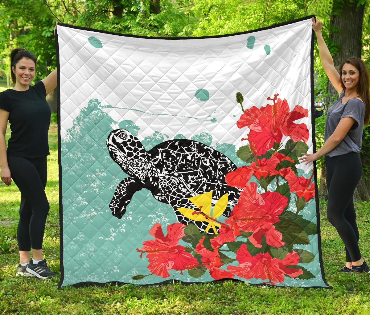 Hawaii Turle Sea Hibiscus Premium Quilt Blue - Polynesian Pride