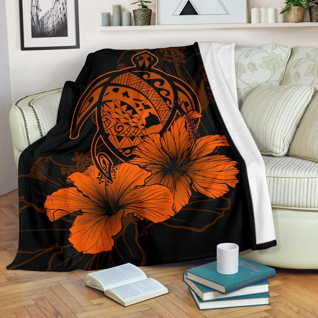 Hawaii Hibiscus Premium Blanket - Turtle Map - Orange White - Polynesian Pride