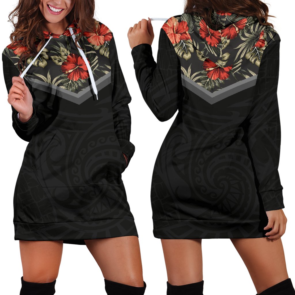 Hibiscus Hoodie Dress 01 Black - Polynesian Pride