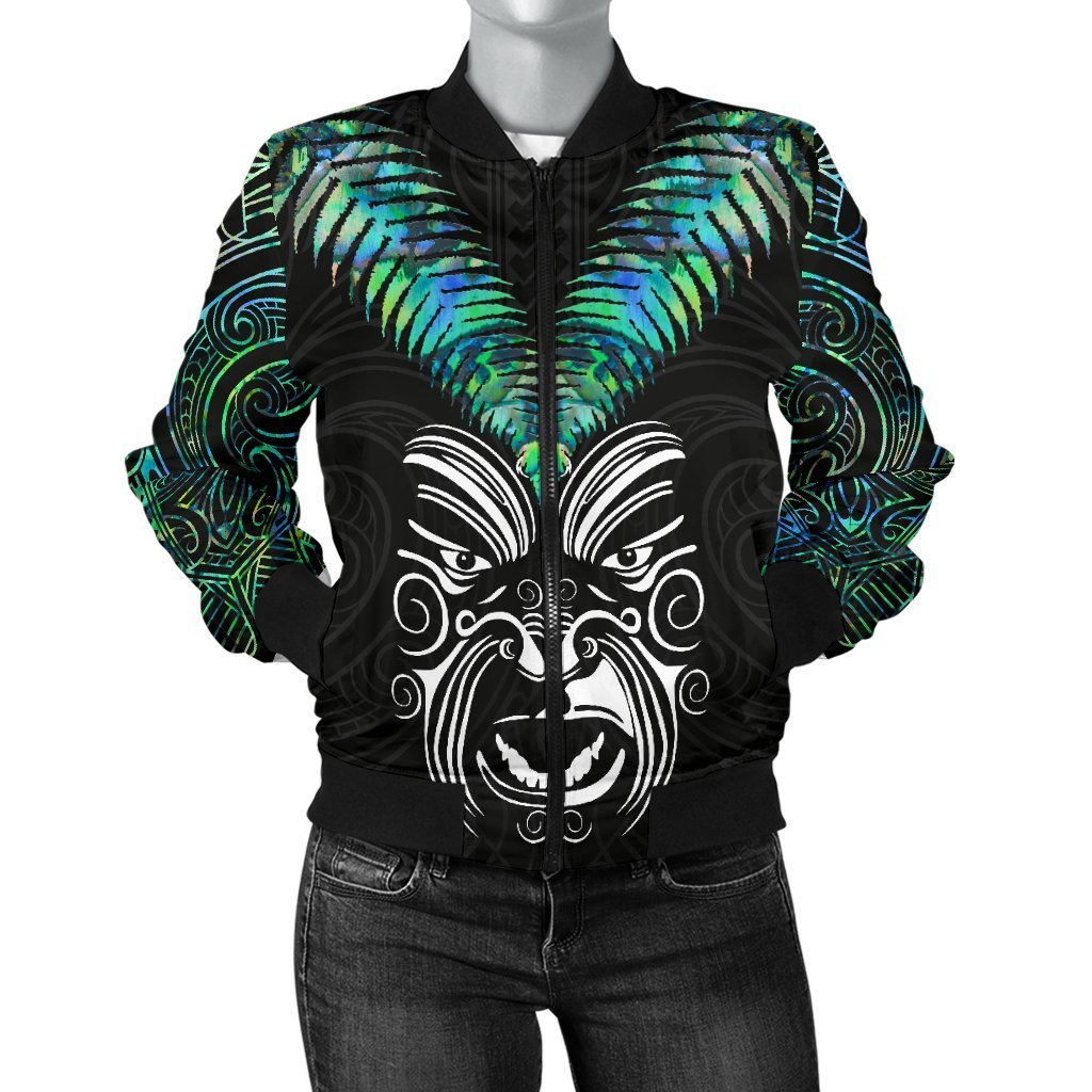 New Zealand Maori Moko Women's Bomber Jacket Paua Shell Black - Polynesian Pride