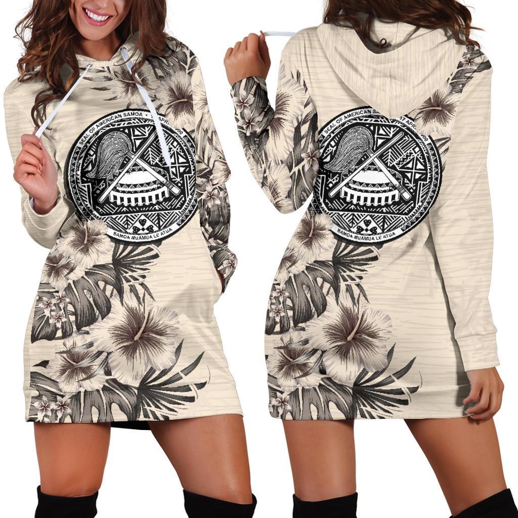 American Samoa Hoodie Dress - American Samoa Seal & Beige Hibiscus White - Polynesian Pride