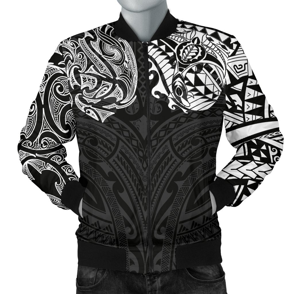 New Zealand Men's Bomber Jacket, Maori Polynesian Tattoo White White - Polynesian Pride