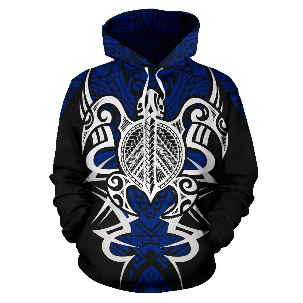 Hawaii Turtle Tribal Blue Hoodie Armor Style - Polynesian Pride