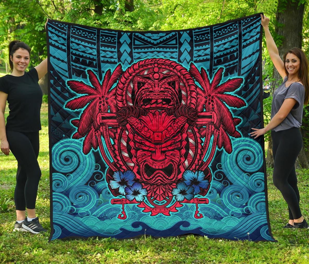 Hawaii Polynesian Premium Quilt - Hawaiian Red Tiki Face (Black Torquoise) BLUE - Polynesian Pride