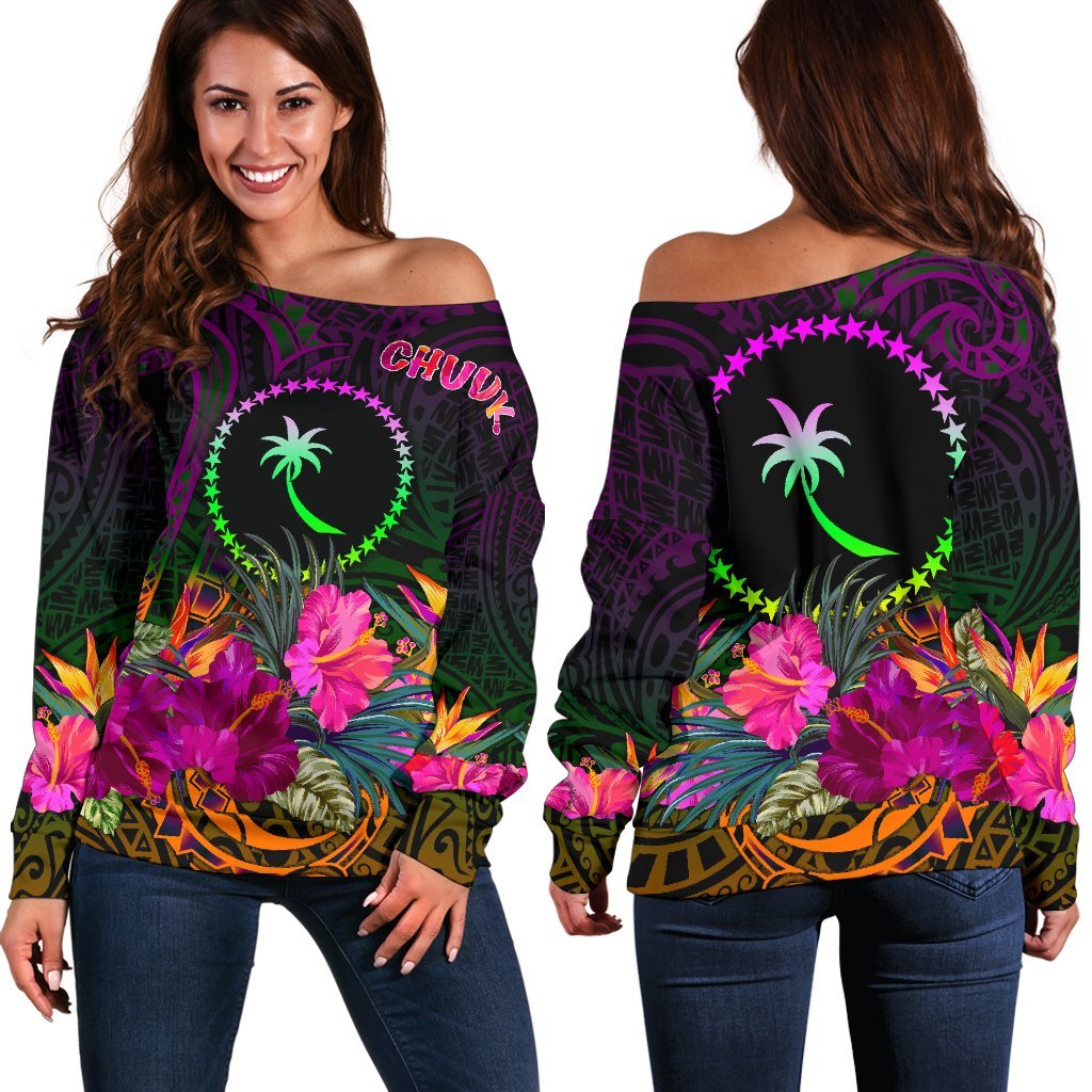 Chuuk Women's Off Shoulder Sweater - Summer Hibiscus Art - Polynesian Pride