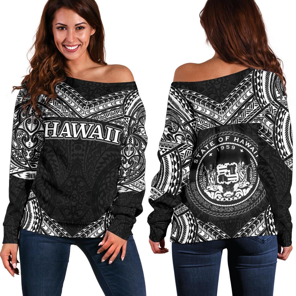 Hawaii Women's Off Shoulder Sweater - Turtle Polynesian Pattern Black - Polynesian Pride