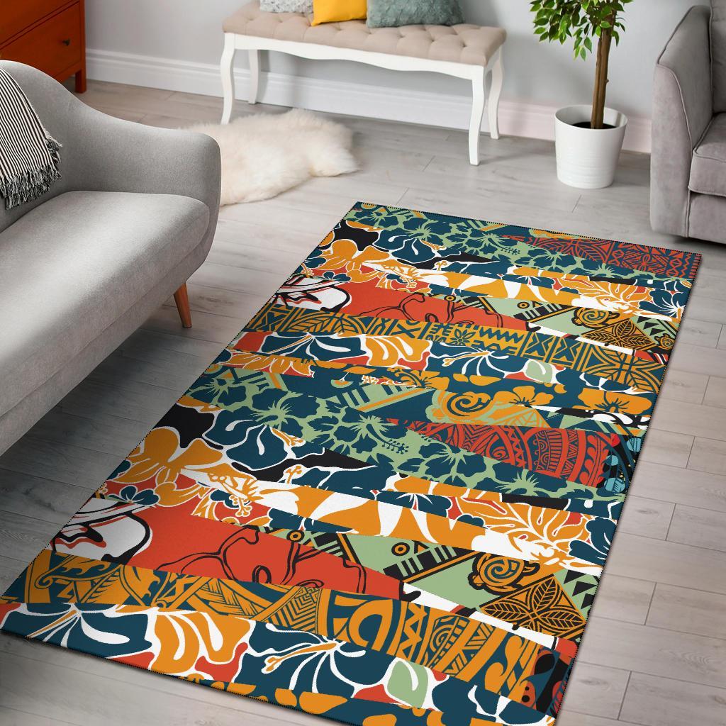 Polynesian Area Rug - Colorful Hibiscus Flowers Pattern Vintage Color - Polynesian Pride