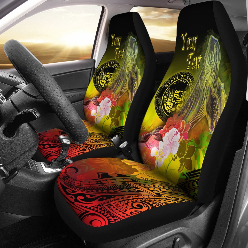 Polynesian Hawaii Custom Personalised Car Seat Covers - Humpback Whale with Tropical Flowers (Yellow) Universal Fit Yellow - Polynesian Pride