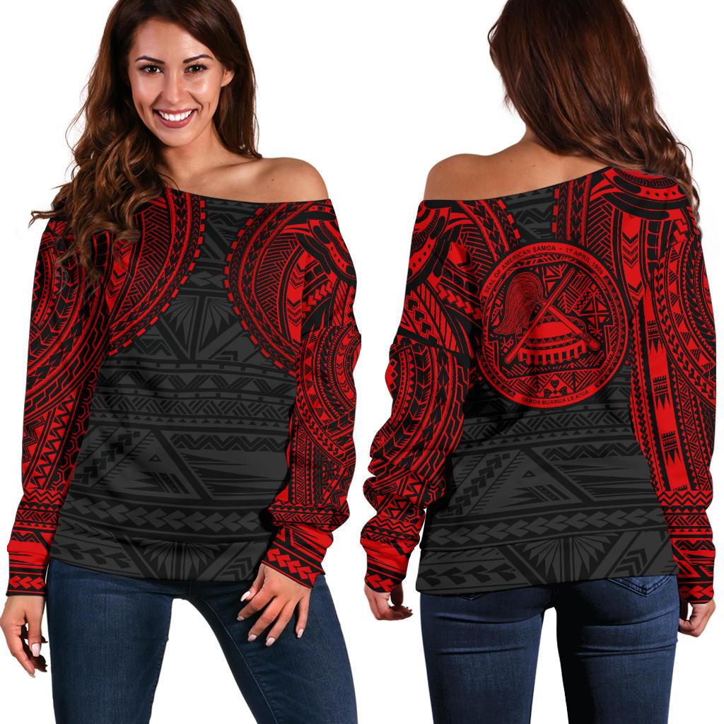 American Samoa Women's Off Shoulder Sweater - Red Tattoo 2nd Version Red - Polynesian Pride