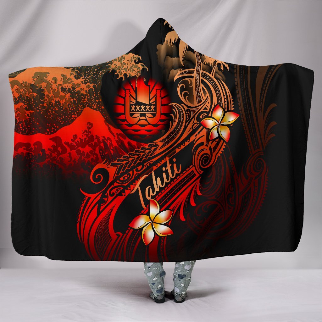 Tahiti Polynesian Hooded Blanket - Plumeria Flowers And Waves Hooded Blanket Red - Polynesian Pride