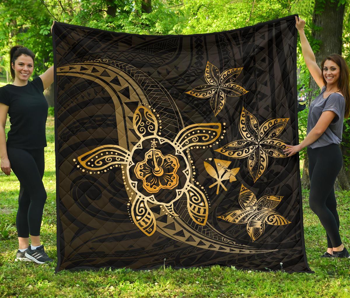 Kanaka Map Hibiscus Plumeria Turtle Art Gold Polynesian Premium Quilt Gold - Polynesian Pride