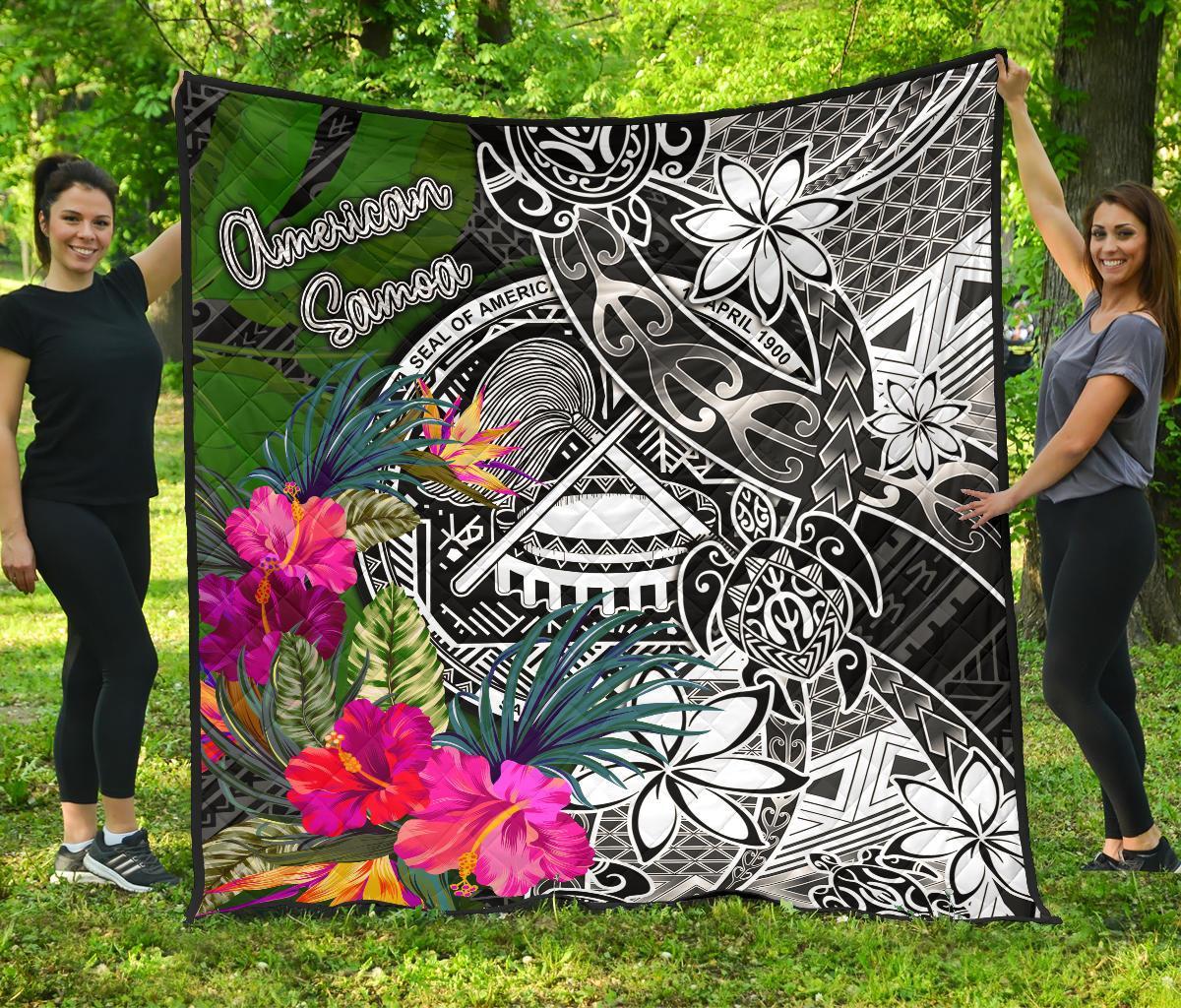 American Samoa Premium Quilt - Turtle Plumeria Banana Leaf Black - Polynesian Pride