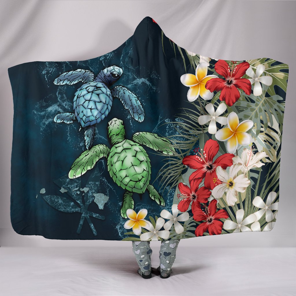 Kanaka Maoli (Hawaiian) Hooded Blanket - Sea Turtle Tropical Hibiscus And Plumeria Hooded Blanket Blue - Polynesian Pride