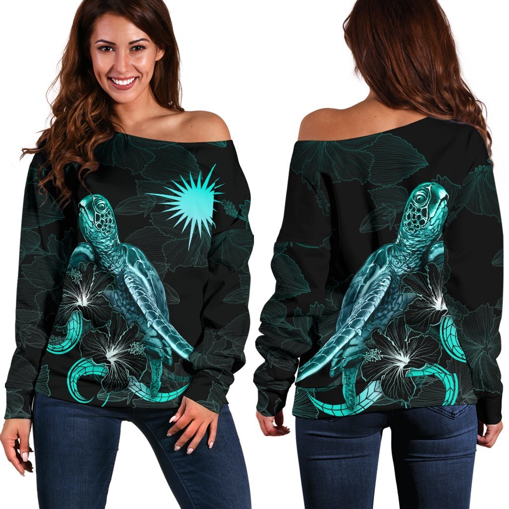 Marshall Islands Polynesian Women's Off Shoulder Sweater - Turtle With Blooming Hibiscus Turquoise Turquoise - Polynesian Pride