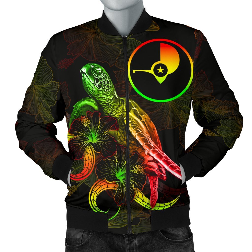 Yap Polynesian Men's Bomber Jacket - Turtle With Blooming Hibiscus Reggae Reggae - Polynesian Pride