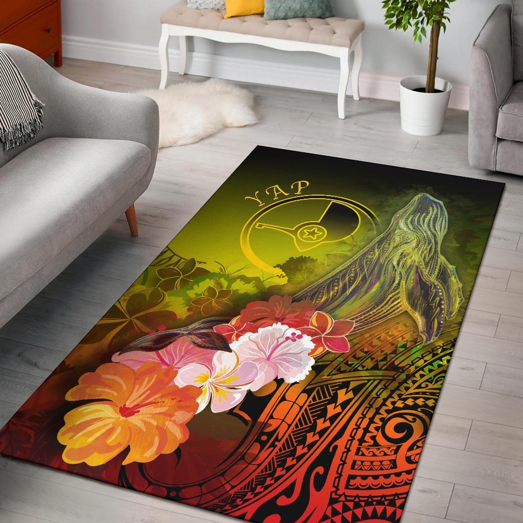 Yap Area Rug - Humpback Whale with Tropical Flowers (Yellow) Yellow - Polynesian Pride