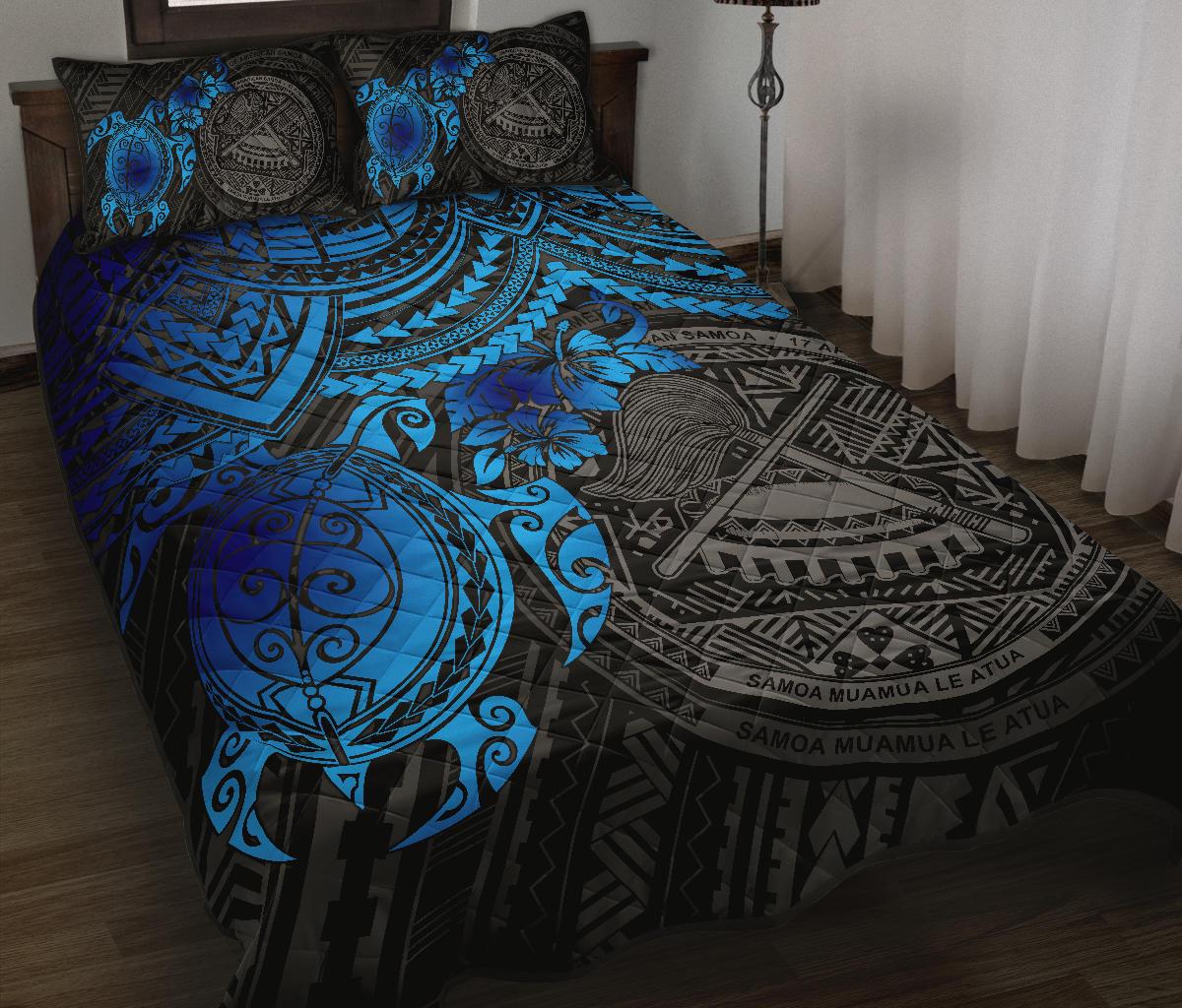 American Samoa Polynesian Quilt Bed Set - American Samoa Seal & Blue Turtle Hibiscus BLUE - Polynesian Pride