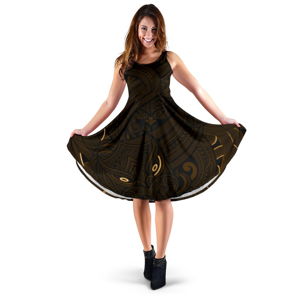 New Zealand Maori Gods Women Midi Dress Tumatauenga (God of War) - Gold Midi Dress - Maori Black - Polynesian Pride