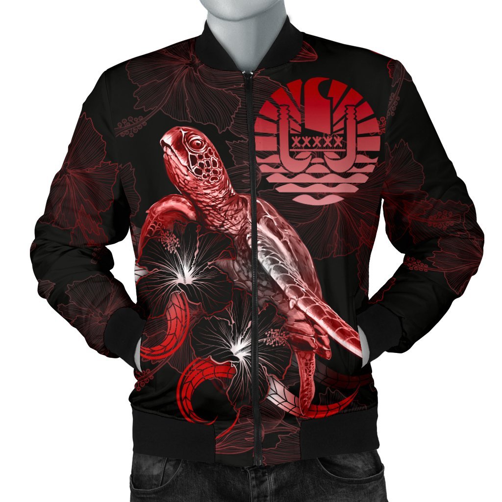 Tahiti Polynesian Men's Bomber Jacket - Turtle With Blooming Hibiscus Red Red - Polynesian Pride