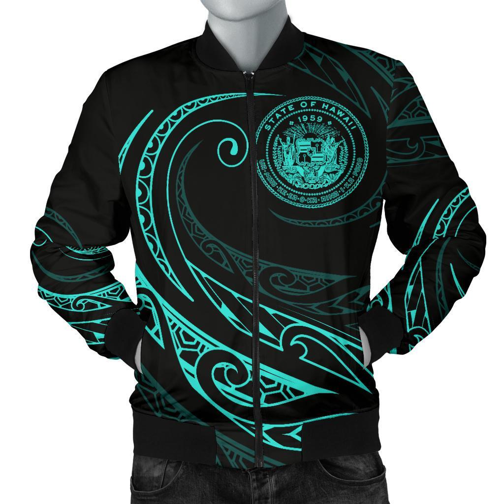 Hawaii Coat Of Arms Polynesian Men's Bomber Jacket - Turquoise - Frida Style Blue - Polynesian Pride