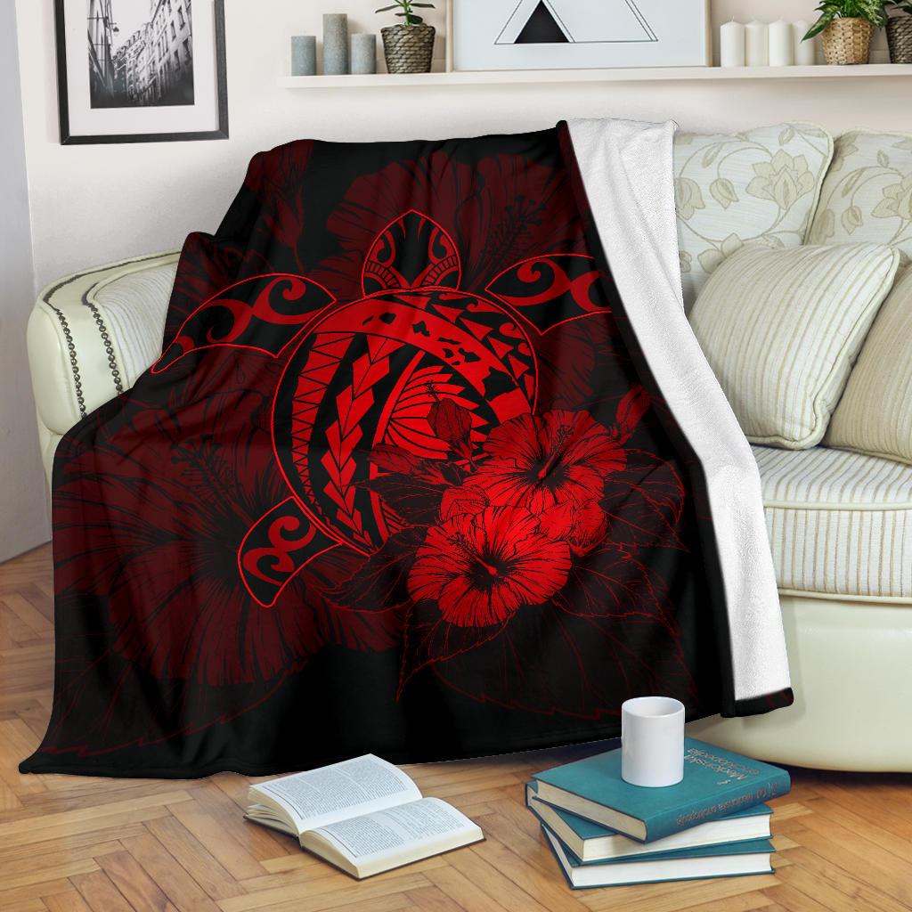 Hawaii Hibiscus Premium Blanket - Harold Turtle - Red White - Polynesian Pride