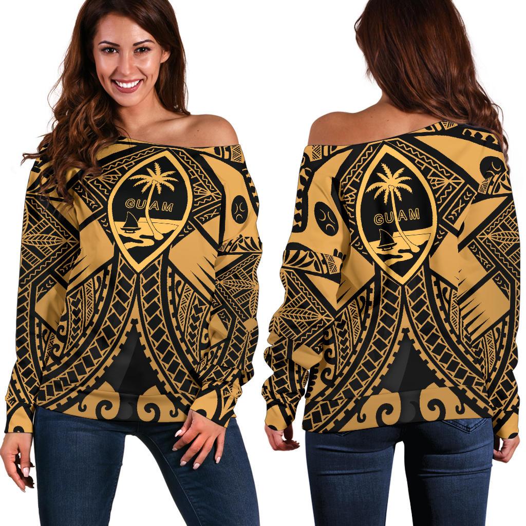 Guam Polynesian Women's Off Shoulder Sweater - Guam Gold Seal with Polynesian Tattoo Gold - Polynesian Pride