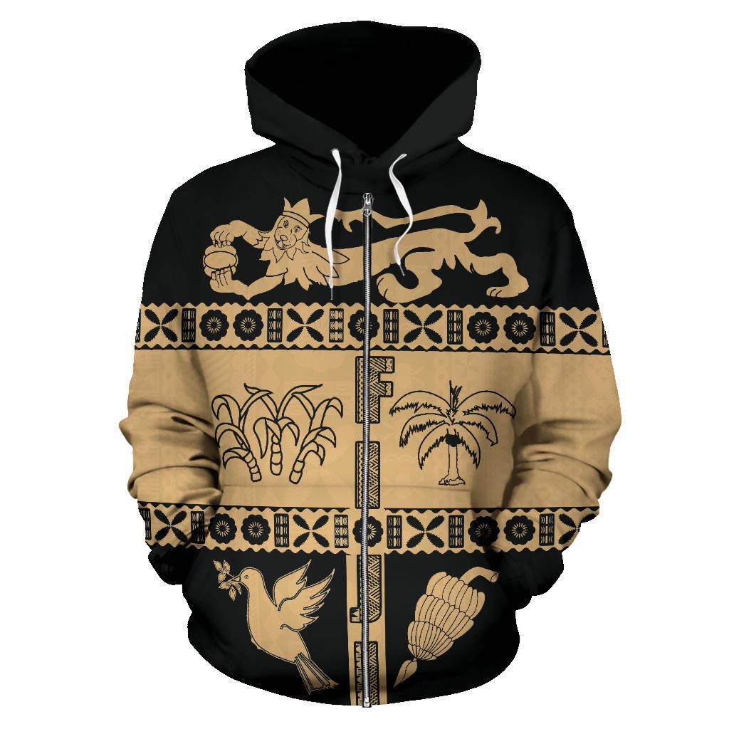 Fiji Tapa Zip Hoodie Coat of Arms Shield Gold Unisex Gold - Polynesian Pride