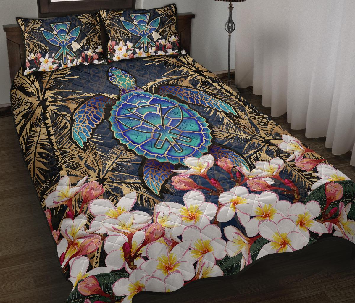 Kanaka Maoli (Hawaiian) Quilt Bed Set - Polynesian Turtle Plumeria Coconut Tree Gold - Polynesian Pride