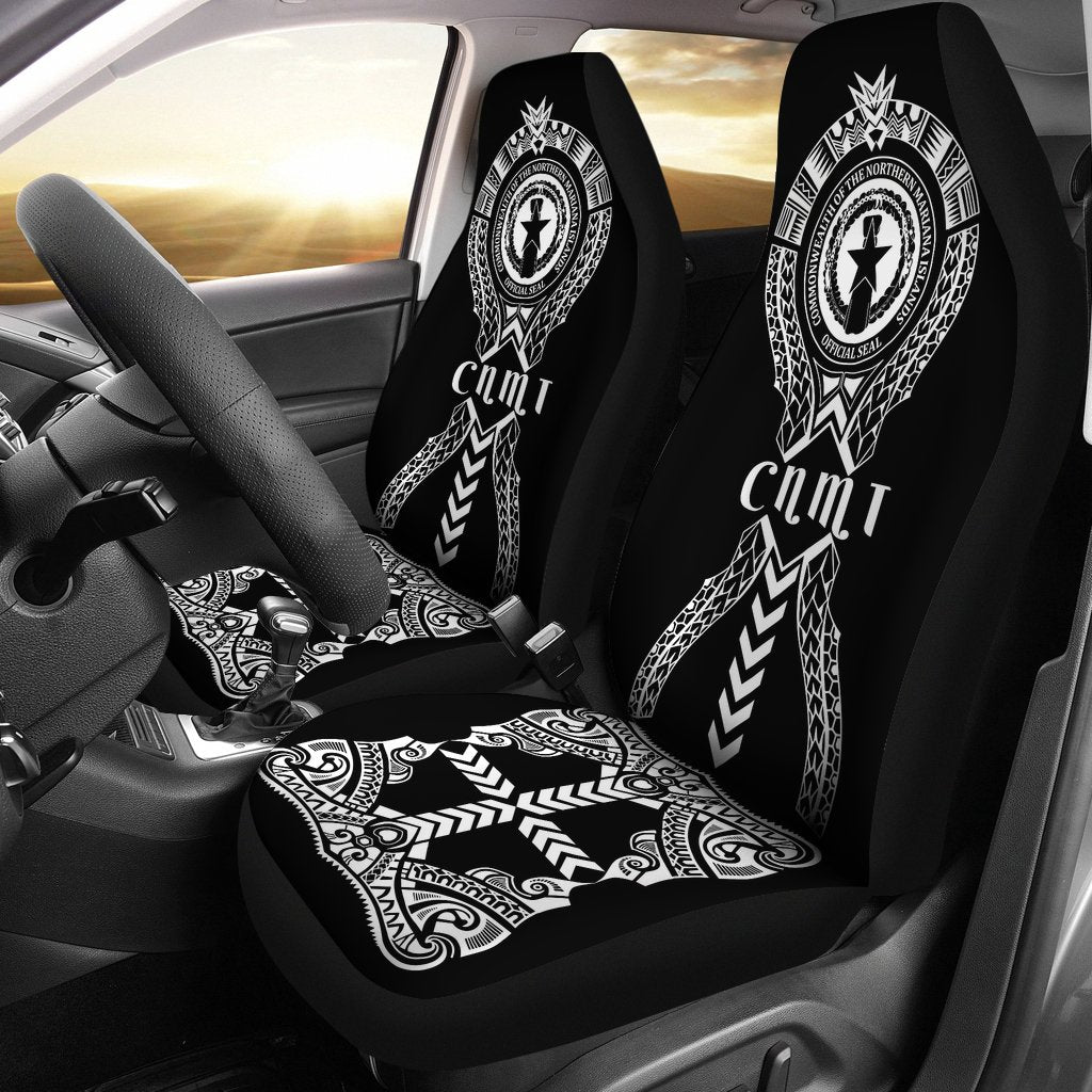 Northern Mariana Islands Car Seat Covers - C N M I Seal Polynesian Tribal Universal Fit Black - Polynesian Pride