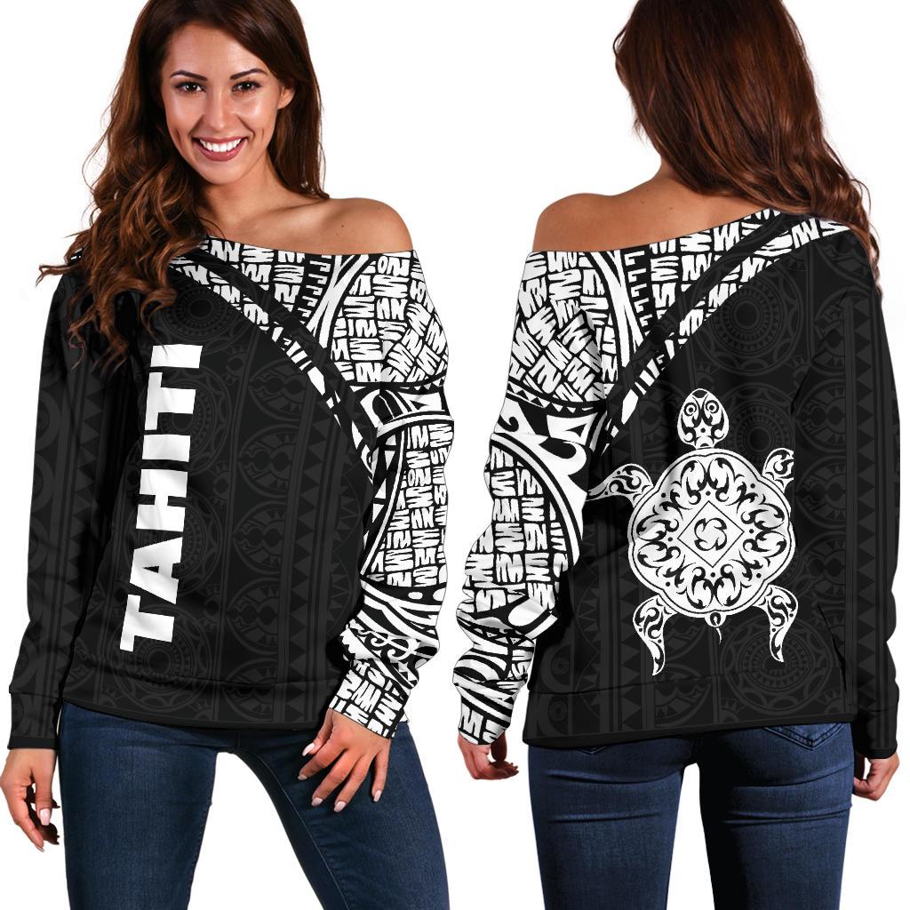 Tahiti Turtle Women's Off Shoulder Sweater - Curve Style Black - Polynesian Pride