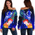 Vanuatu Women's Off Shoulder Sweater - Humpback Whale with Tropical Flowers (Blue) Blue - Polynesian Pride