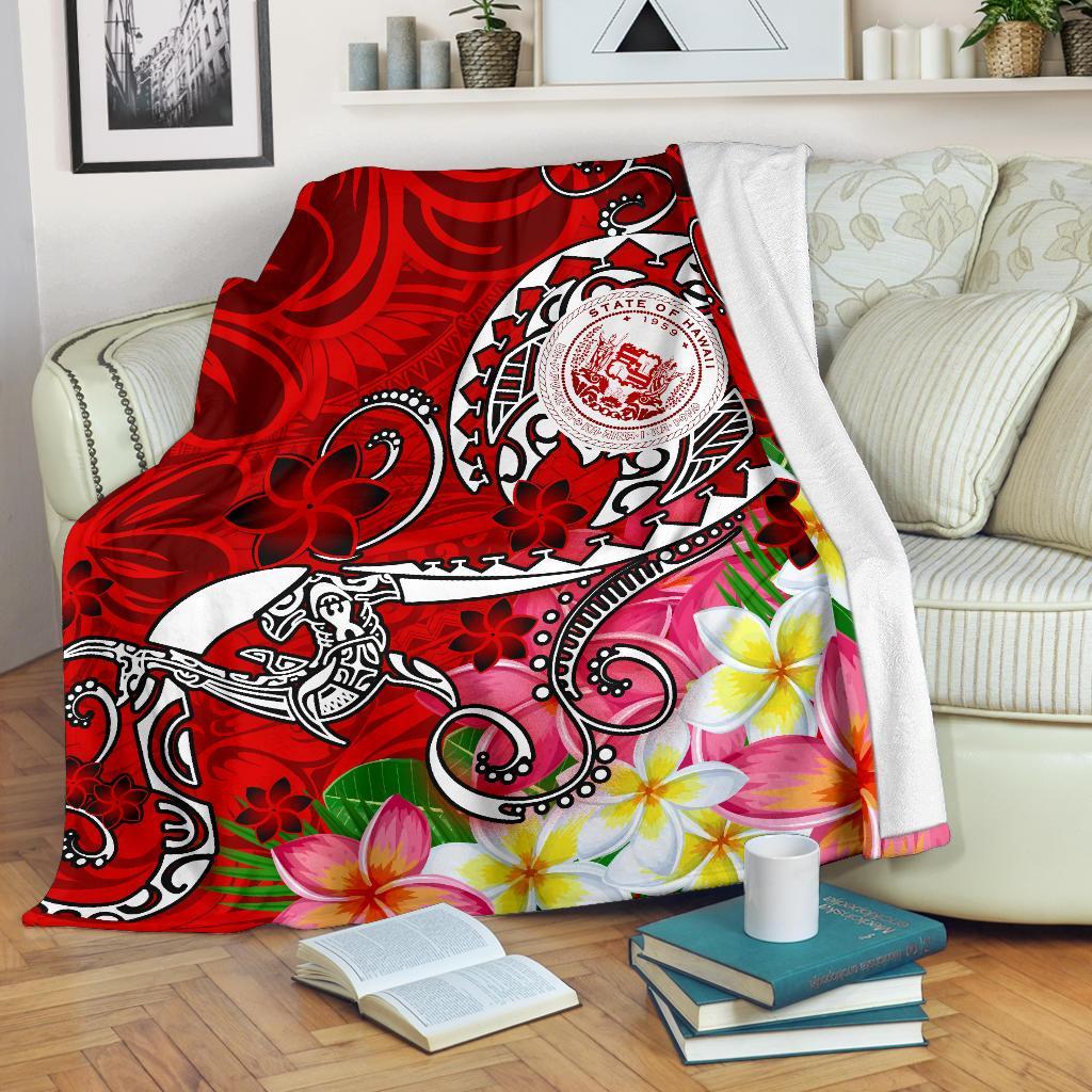 Hawaii Polynesian Premium Blanket - Hawaii Seal With Turtle Plumeria (Red) White - Polynesian Pride