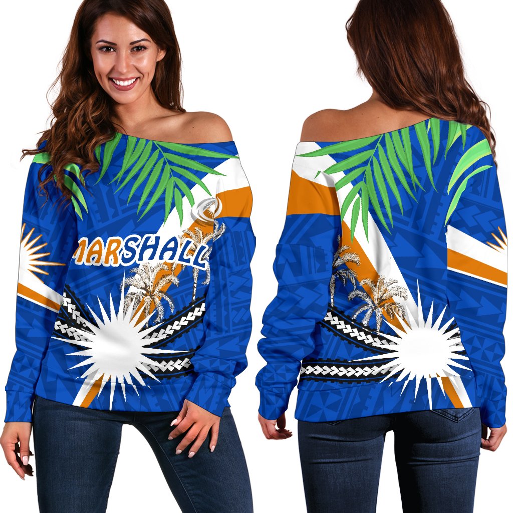 Marshall Islands Rugby Off Shoulder Sweater Coconut Leaves Blue - Polynesian Pride