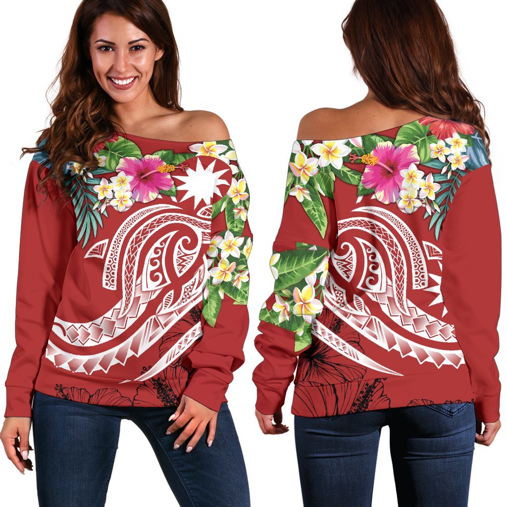 Nauru Polynesian Women's Off Shoulder Sweater - Summer Plumeria (Red) Red - Polynesian Pride