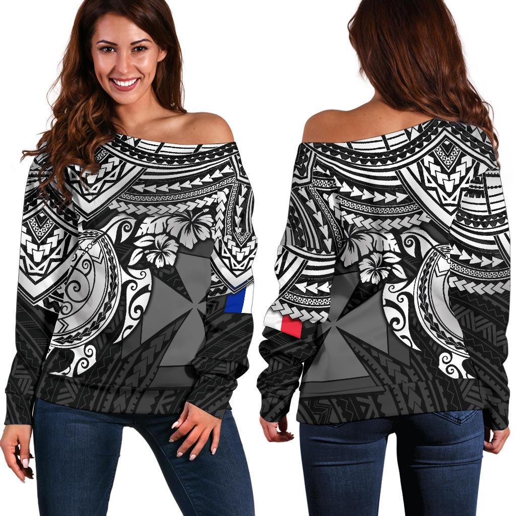 Wallis and Futuna Polynesian Women's Off Shoulder Sweater - White Turtle BLACK - Polynesian Pride