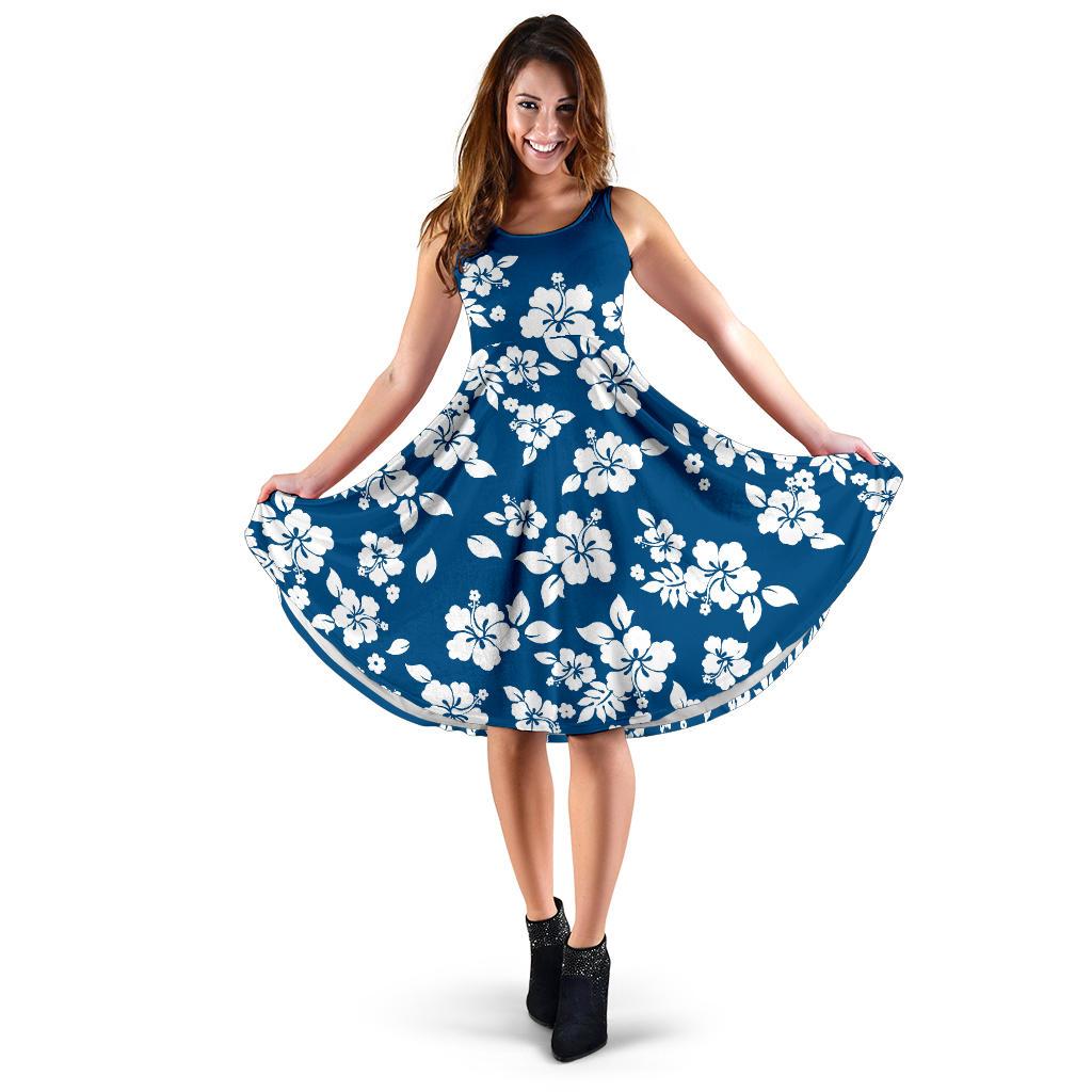 Polynesian Midi Dress - Blue White Hibiscus Women Blue - White - Polynesian Pride