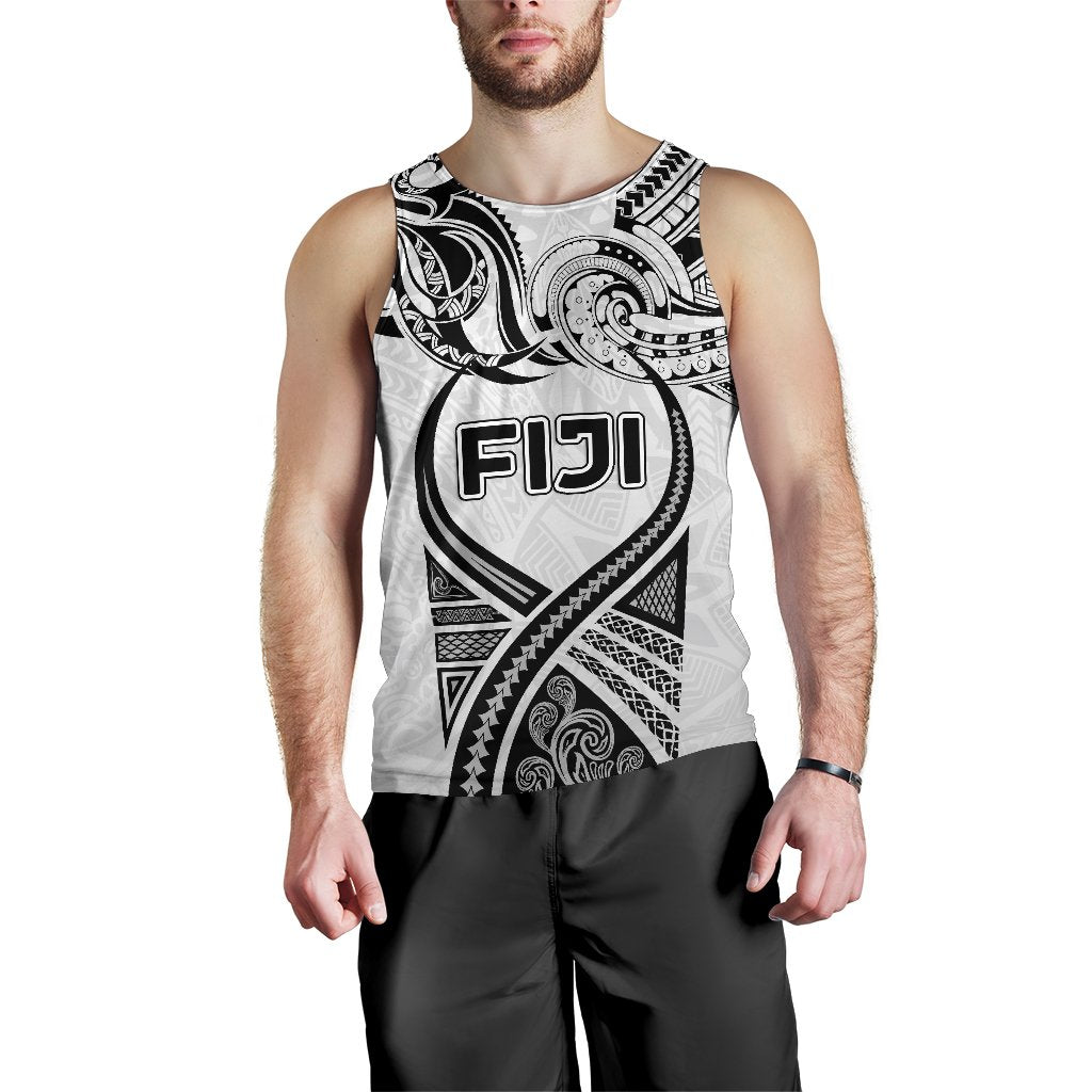 Fiji Rugby Men Tank Top Polynesian Waves Style White - Polynesian Pride