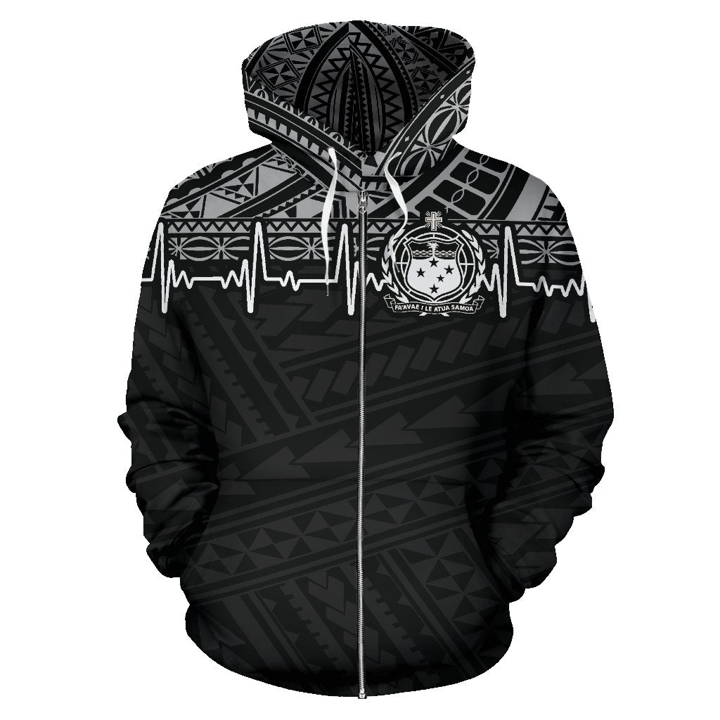 Samoa Polynesian All Over Zip up Hoodie Black White Heartbeat Style - Polynesian Pride