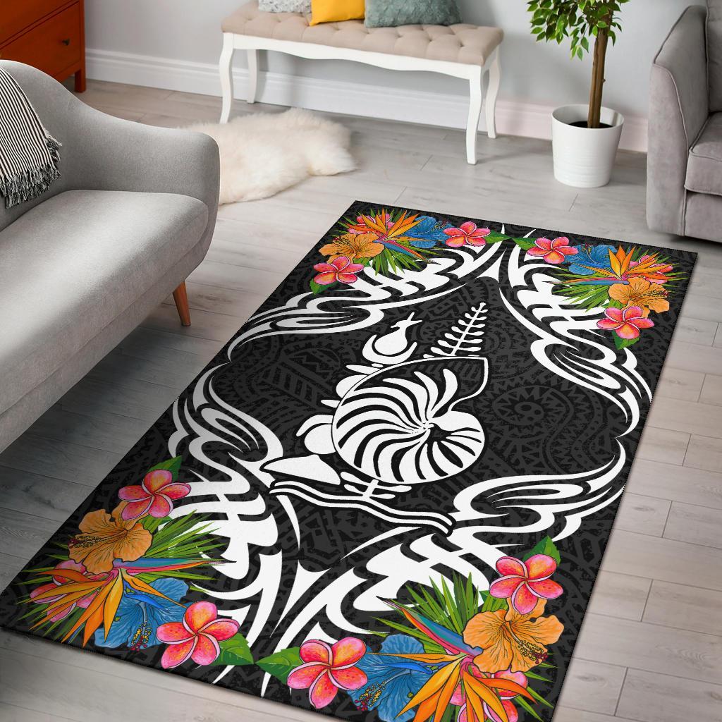 New Caledonia Area Rug - Coat OfArmsWith Tropical Flowers Black - Polynesian Pride