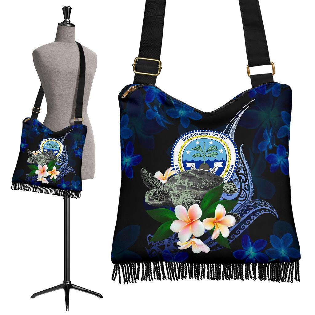 Federated States Of Micronesia Boho Handbag - Turtle With Plumeria Flowers One Style One Size Blue - Polynesian Pride