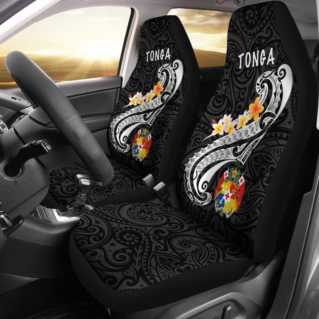 Tonga Car Seat Covers - Tonga Seal Polynesian Patterns Plumeria (Black) Universal Fit Black - Polynesian Pride