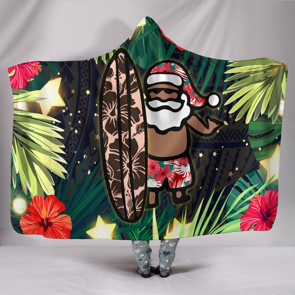 Hawaii Santa Claus Surf Christmas Pattern Hooded Blanket - AH Hooded Blanket Black - Polynesian Pride