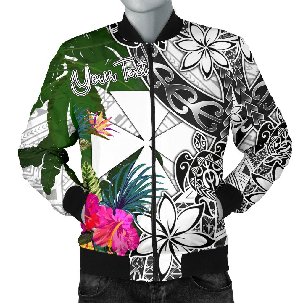 Wallis And Futuna Custom Personalised Men's Bomber Jacket White - Turtle Plumeria Banana Leaf White - Polynesian Pride