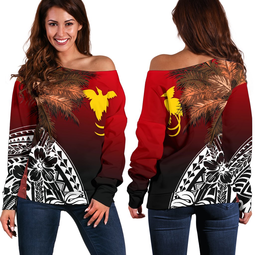 Papua New Guinea Women's Off Shoulder Sweater - Polynesian Palm Tree Black - Polynesian Pride